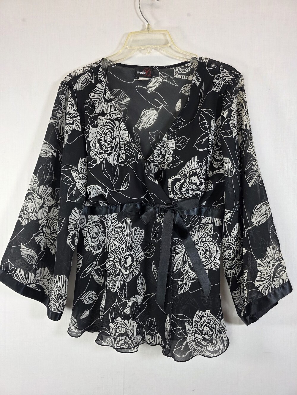 Vintage Studio Y Floral Faux Wrap Sheer Blouse XL Y2K Empire Waist Ribbon Tie